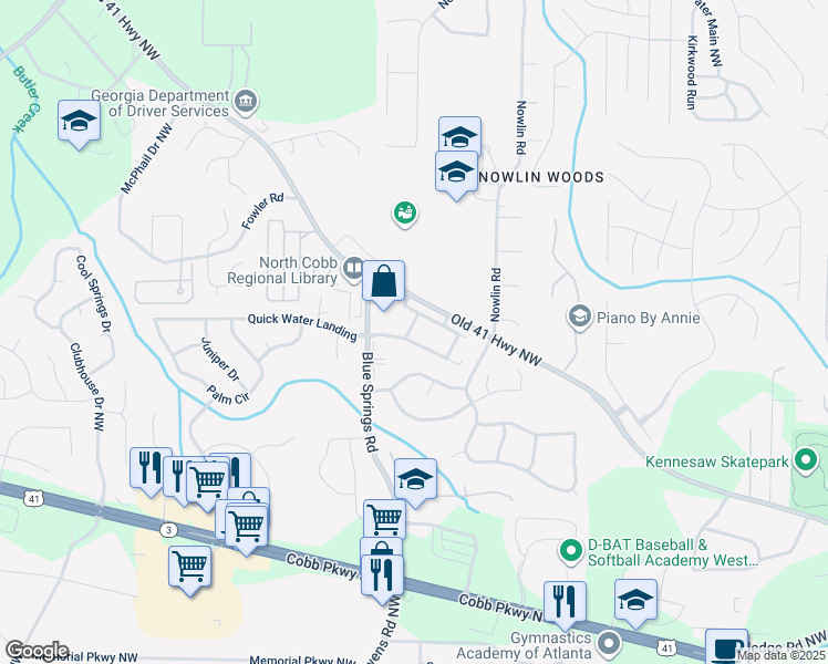 map of restaurants, bars, coffee shops, grocery stores, and more near 3606 Silver Brooke Lane in Kennesaw
