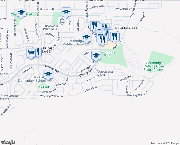 map of restaurants, bars, coffee shops, grocery stores, and more near 14538 Hillcrest Drive in Fontana