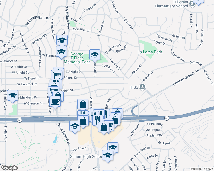 map of restaurants, bars, coffee shops, grocery stores, and more near 352 East Floral Drive in Monterey Park