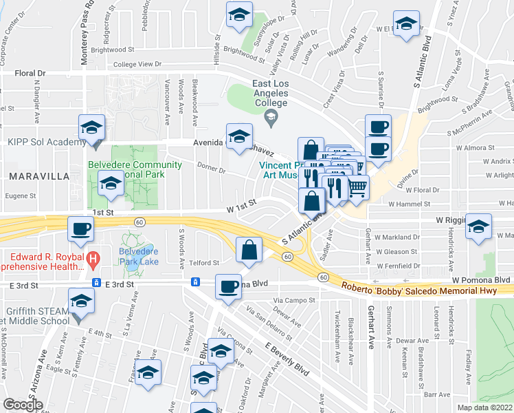 map of restaurants, bars, coffee shops, grocery stores, and more near 1314 West 1st Street in Monterey Park