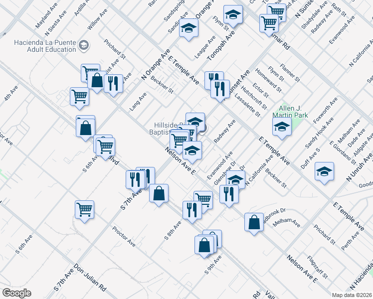 map of restaurants, bars, coffee shops, grocery stores, and more near in City of Industry