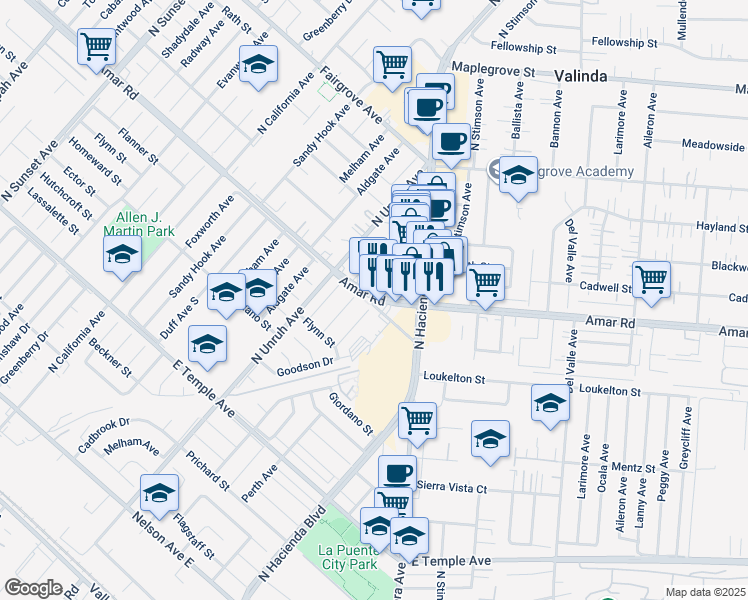 map of restaurants, bars, coffee shops, grocery stores, and more near in La Puente