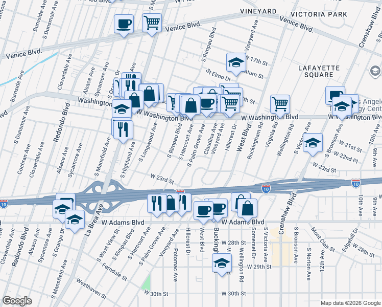 map of restaurants, bars, coffee shops, grocery stores, and more near 2045 South Palm Grove Avenue in Los Angeles