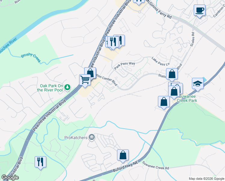 map of restaurants, bars, coffee shops, grocery stores, and more near 1431 Park Commons Square in Suwanee