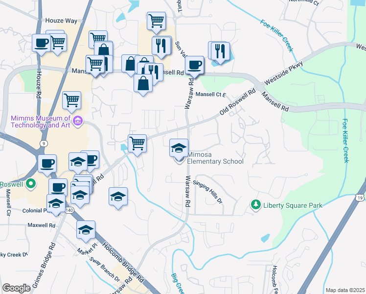 map of restaurants, bars, coffee shops, grocery stores, and more near 1560 Warsaw Road in Roswell