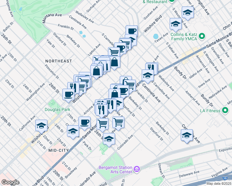 map of restaurants, bars, coffee shops, grocery stores, and more near 1327 Stanford Street in Santa Monica