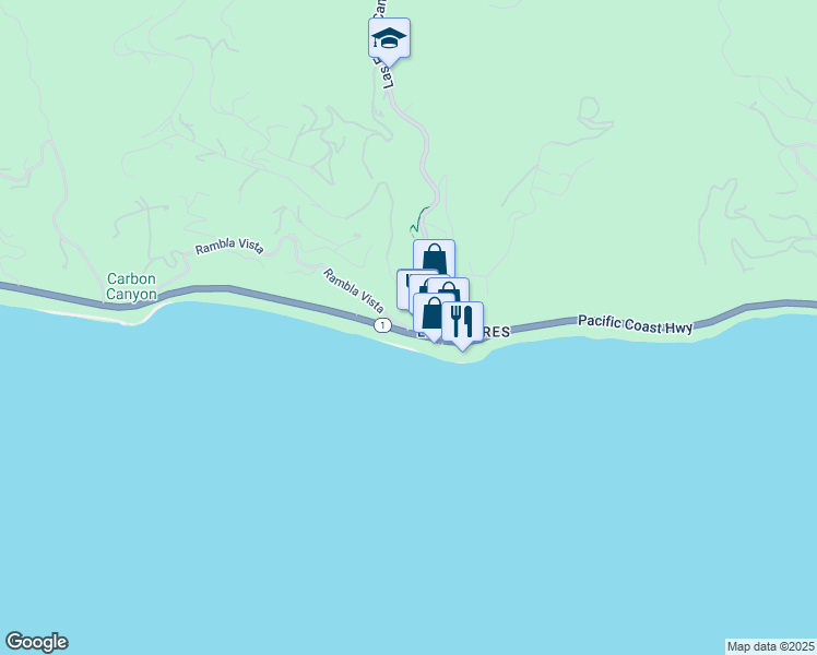 map of restaurants, bars, coffee shops, grocery stores, and more near 21415 Rambla Vista in Malibu