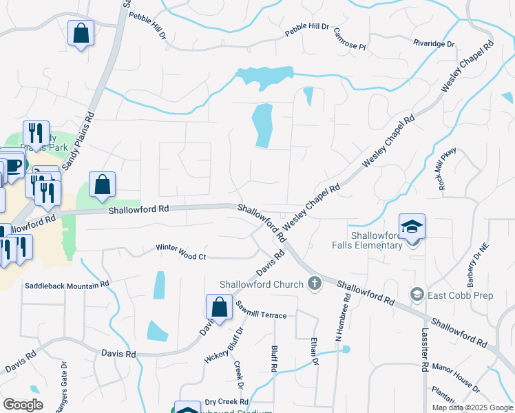 map of restaurants, bars, coffee shops, grocery stores, and more near 3590 Fricks Road in Marietta