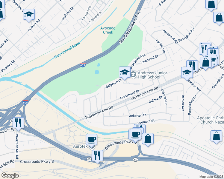 map of restaurants, bars, coffee shops, grocery stores, and more near 1257 Belgreen Drive in Whittier