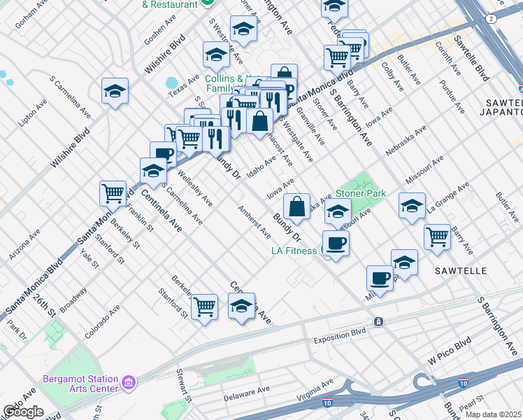 map of restaurants, bars, coffee shops, grocery stores, and more near 1661 South Bundy Drive in Los Angeles