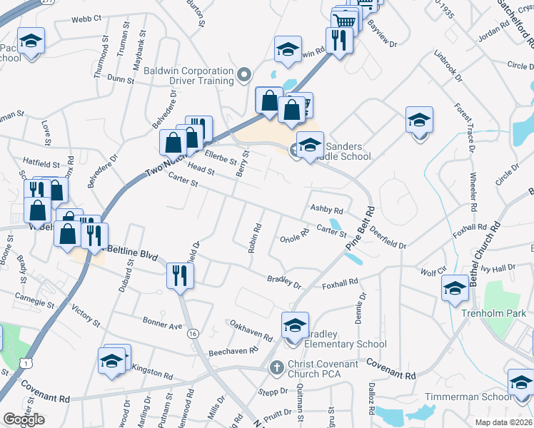 map of restaurants, bars, coffee shops, grocery stores, and more near 1512 Carter Street in Columbia