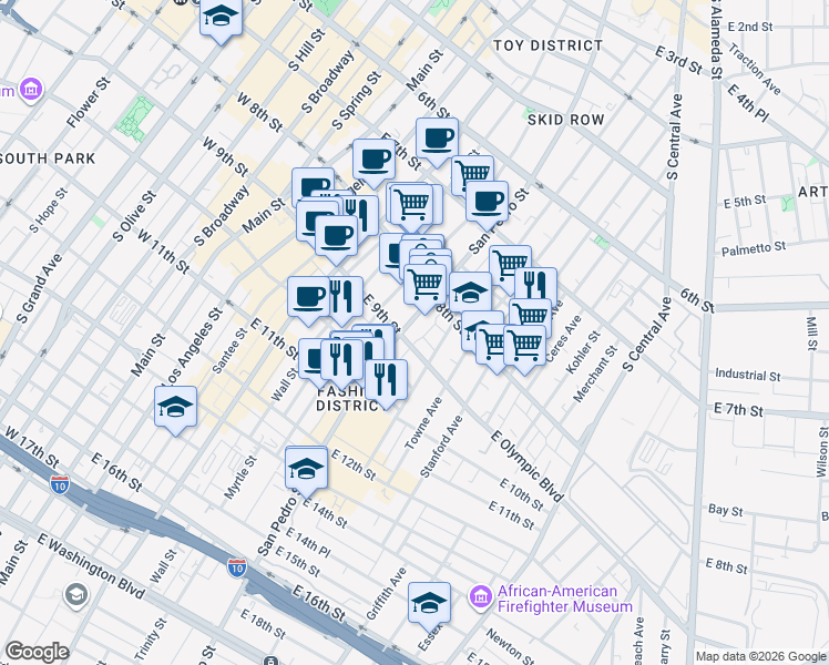 map of restaurants, bars, coffee shops, grocery stores, and more near 816 San Pedro Street in Los Angeles
