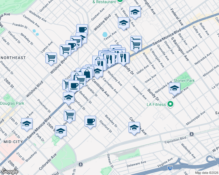 map of restaurants, bars, coffee shops, grocery stores, and more near 1525 South Carmelina Avenue in Los Angeles