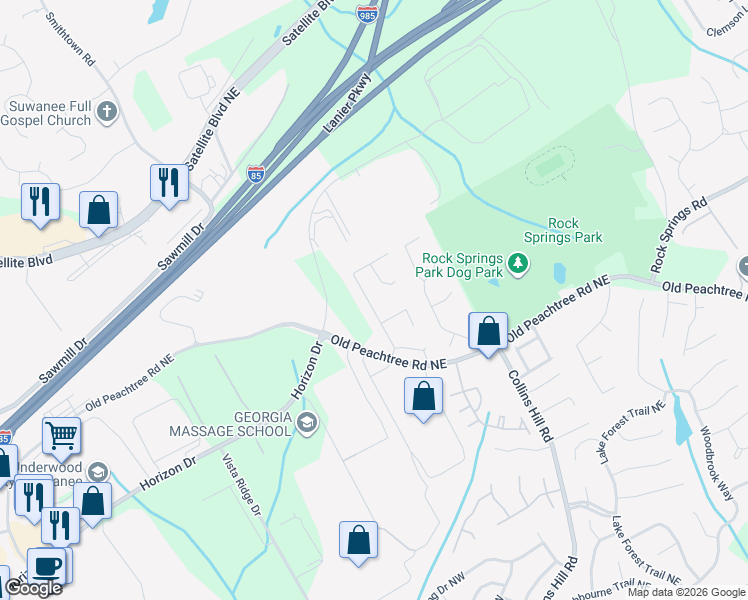 map of restaurants, bars, coffee shops, grocery stores, and more near 2985 Ridge Oak Drive in Suwanee