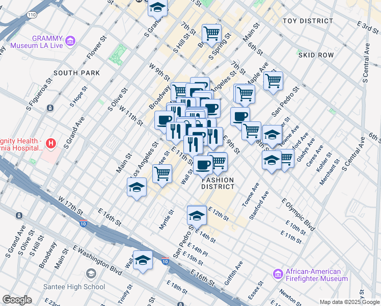 map of restaurants, bars, coffee shops, grocery stores, and more near 1000 S Maple Avenue in Los Angeles