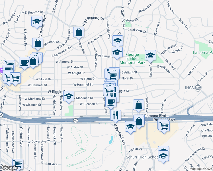 map of restaurants, bars, coffee shops, grocery stores, and more near 2212 South Isabella Avenue in Monterey Park
