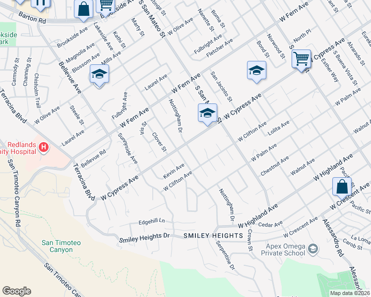 map of restaurants, bars, coffee shops, grocery stores, and more near 1235 West Cypress Avenue in Redlands