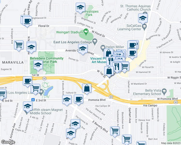 map of restaurants, bars, coffee shops, grocery stores, and more near 1314 West 1st Street in Monterey Park