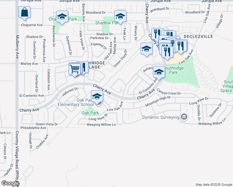 map of restaurants, bars, coffee shops, grocery stores, and more near 14328 El Contento Avenue in Fontana