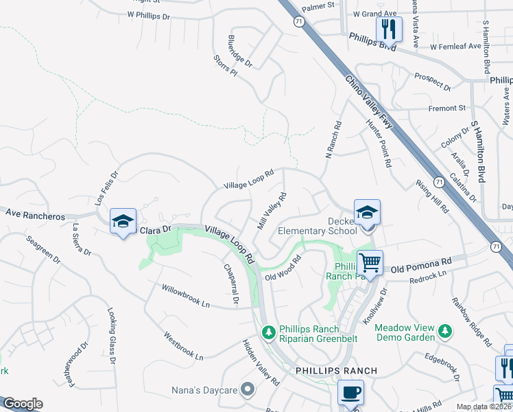 map of restaurants, bars, coffee shops, grocery stores, and more near 19 Maverick Circle in Pomona