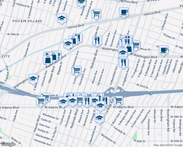 map of restaurants, bars, coffee shops, grocery stores, and more near 2203 Redondo Boulevard in Los Angeles