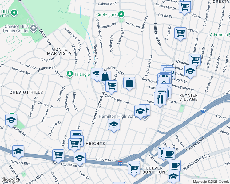 map of restaurants, bars, coffee shops, grocery stores, and more near 2711 South Beverly Drive in Los Angeles