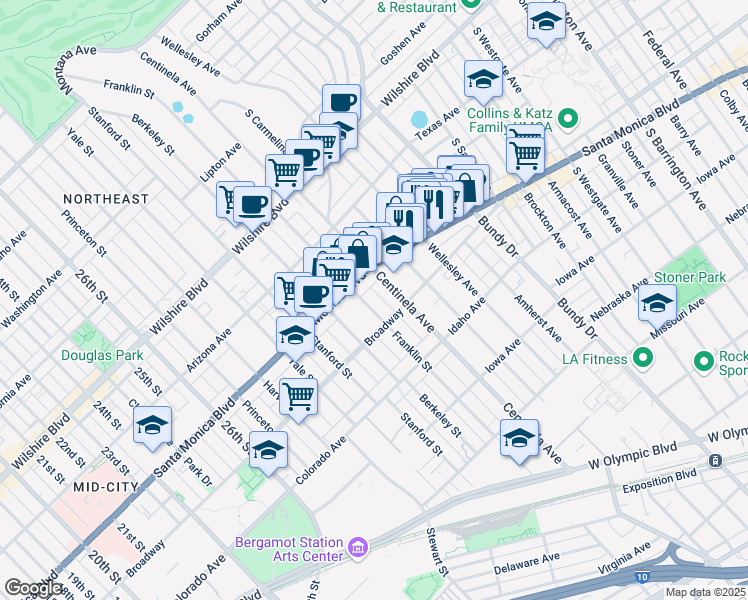 map of restaurants, bars, coffee shops, grocery stores, and more near 1427 Centinela Avenue in Santa Monica