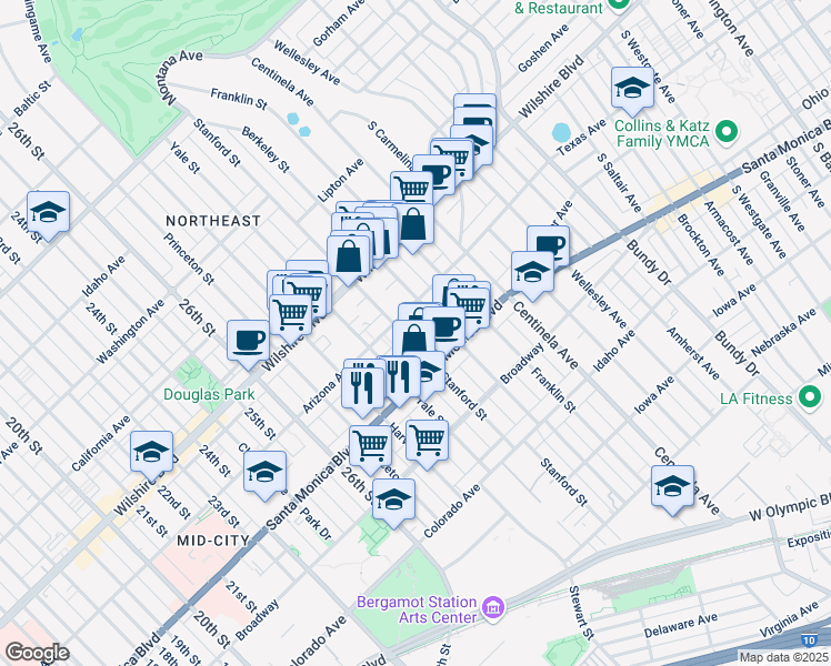 map of restaurants, bars, coffee shops, grocery stores, and more near 3024 Arizona Avenue in Santa Monica