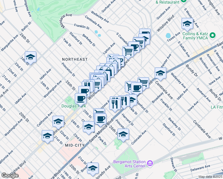 map of restaurants, bars, coffee shops, grocery stores, and more near in Santa Monica