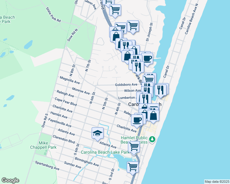 map of restaurants, bars, coffee shops, grocery stores, and more near 405 Goldsboro Avenue in Carolina Beach