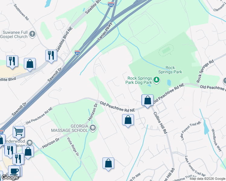 map of restaurants, bars, coffee shops, grocery stores, and more near 2985 Ridge Oak Drive in Suwanee