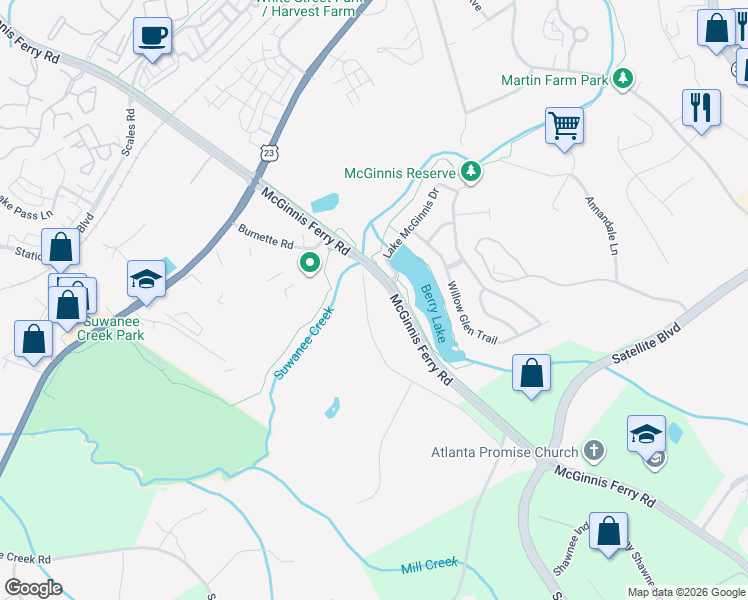 map of restaurants, bars, coffee shops, grocery stores, and more near 3593 Burnette Road in Suwanee