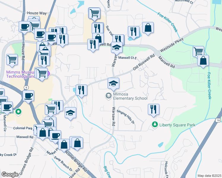 map of restaurants, bars, coffee shops, grocery stores, and more near 1560 Warsaw Road in Roswell