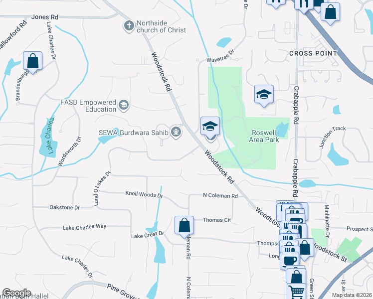 map of restaurants, bars, coffee shops, grocery stores, and more near 115 Broadmeadow Cove in Roswell