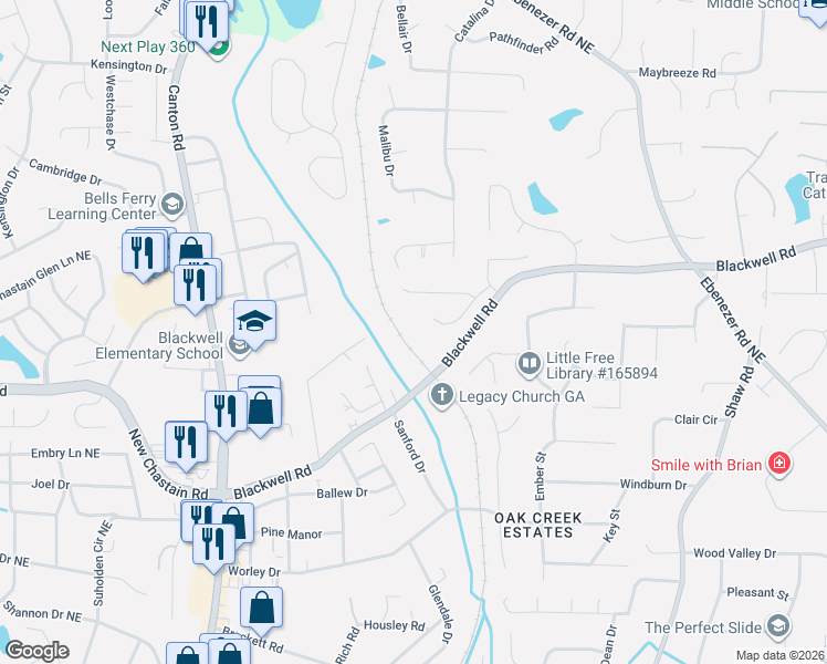 map of restaurants, bars, coffee shops, grocery stores, and more near 1063 Blackwell Road in Marietta