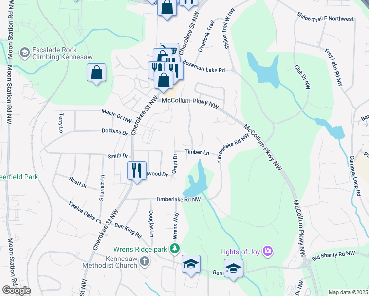 map of restaurants, bars, coffee shops, grocery stores, and more near 3478 Grant Drive in Kennesaw