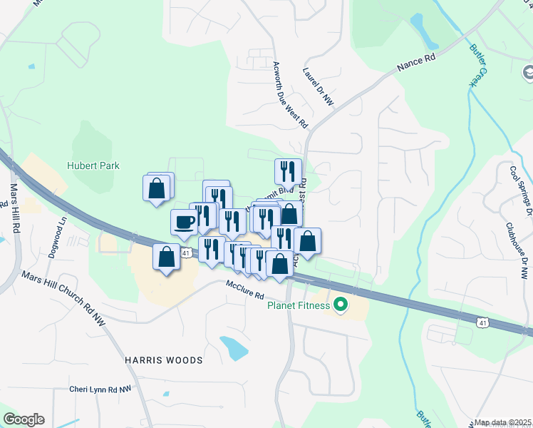 map of restaurants, bars, coffee shops, grocery stores, and more near 3362 Acworth Summit Boulevard in Acworth