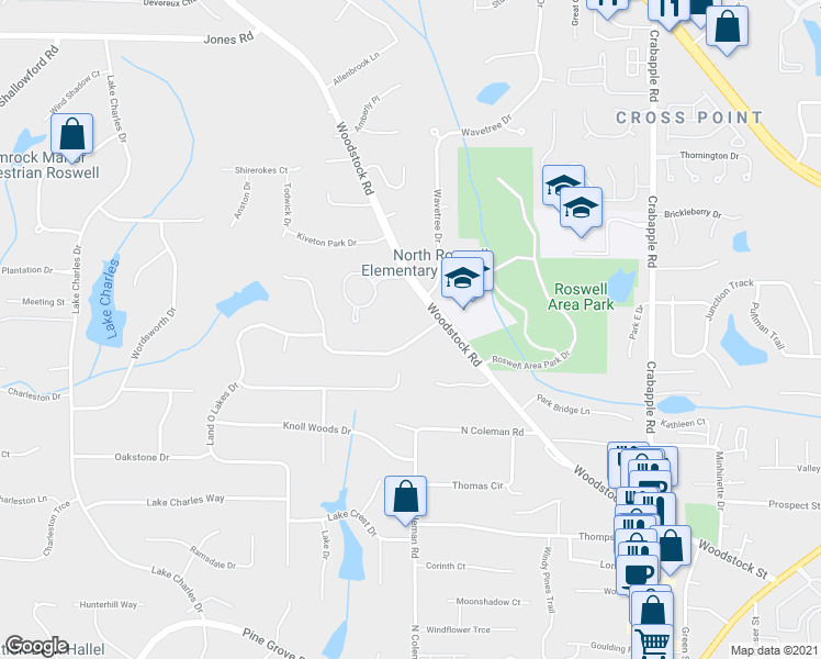 map of restaurants, bars, coffee shops, grocery stores, and more near 115 Broadmeadow Cove in Roswell