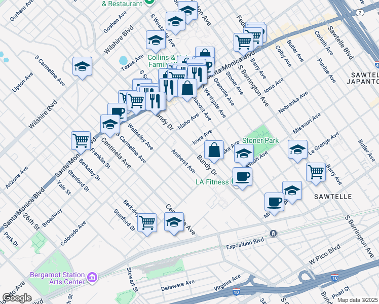 map of restaurants, bars, coffee shops, grocery stores, and more near 1661 South Bundy Drive in Los Angeles