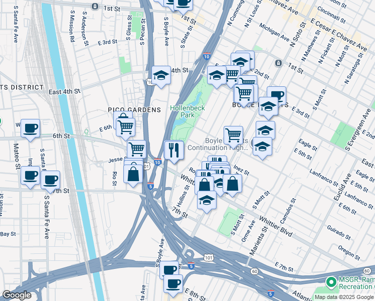 map of restaurants, bars, coffee shops, grocery stores, and more near 708 South Saint Louis Street in Los Angeles