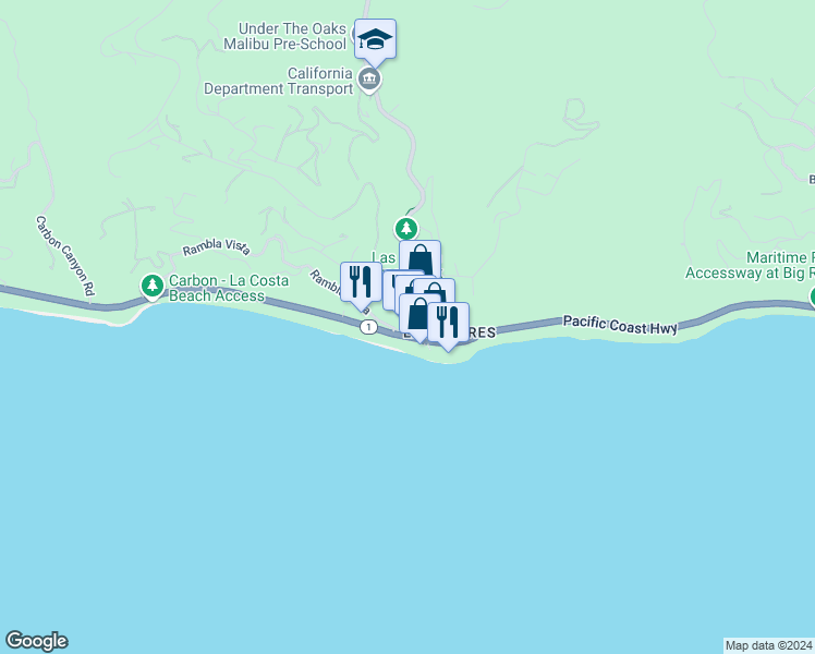 map of restaurants, bars, coffee shops, grocery stores, and more near 21235 Pacific Coast Highway in Malibu