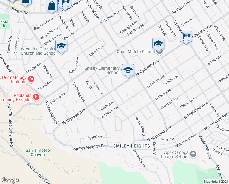 map of restaurants, bars, coffee shops, grocery stores, and more near 1235 West Cypress Avenue in Redlands