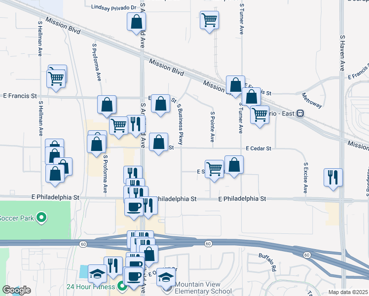 map of restaurants, bars, coffee shops, grocery stores, and more near 2817 East Cedar Street in Ontario