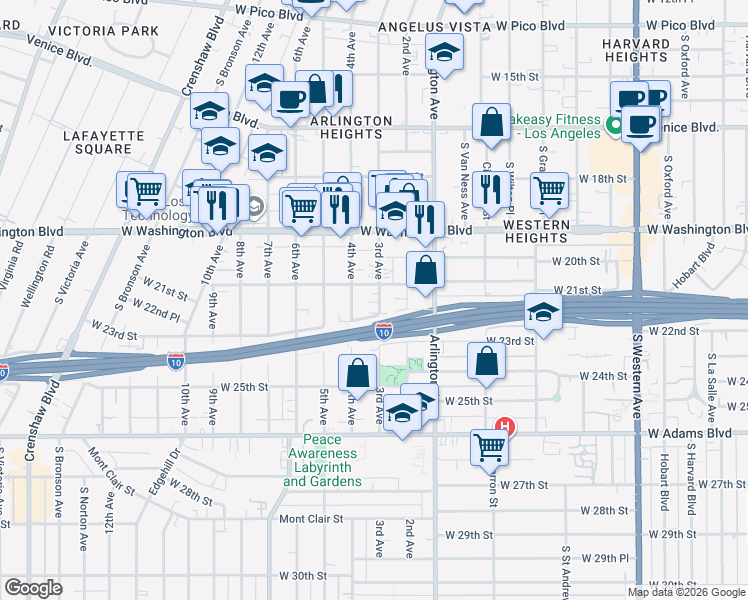 map of restaurants, bars, coffee shops, grocery stores, and more near 21211/2 3rd Avenue in Los Angeles