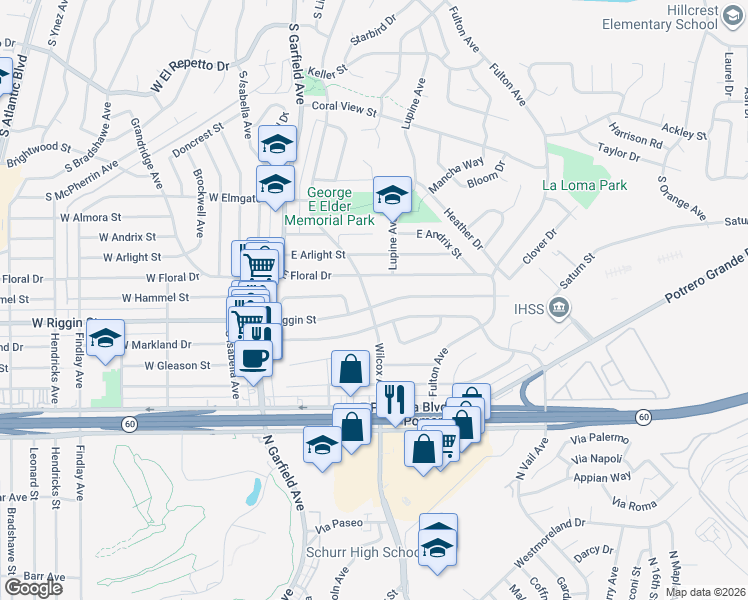 map of restaurants, bars, coffee shops, grocery stores, and more near 216 East Floral Drive in Monterey Park