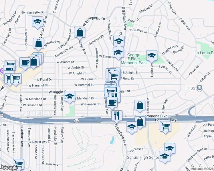 map of restaurants, bars, coffee shops, grocery stores, and more near 2200 South Isabella Avenue in Monterey Park