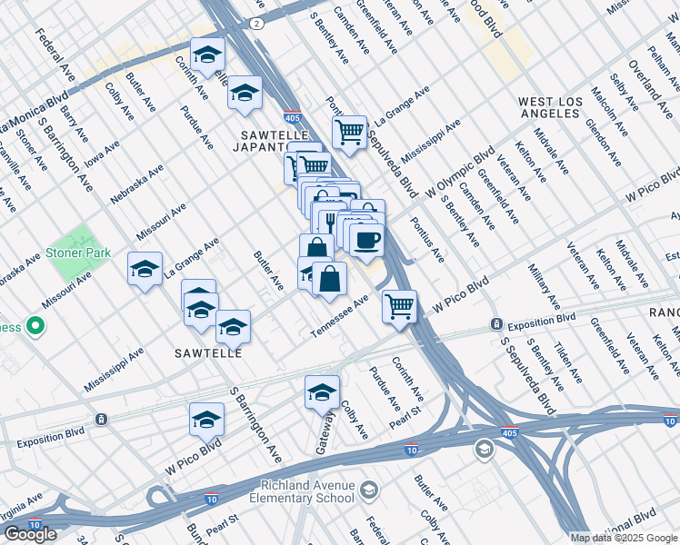 map of restaurants, bars, coffee shops, grocery stores, and more near 101 Sawtelle Boulevard in Los Angeles