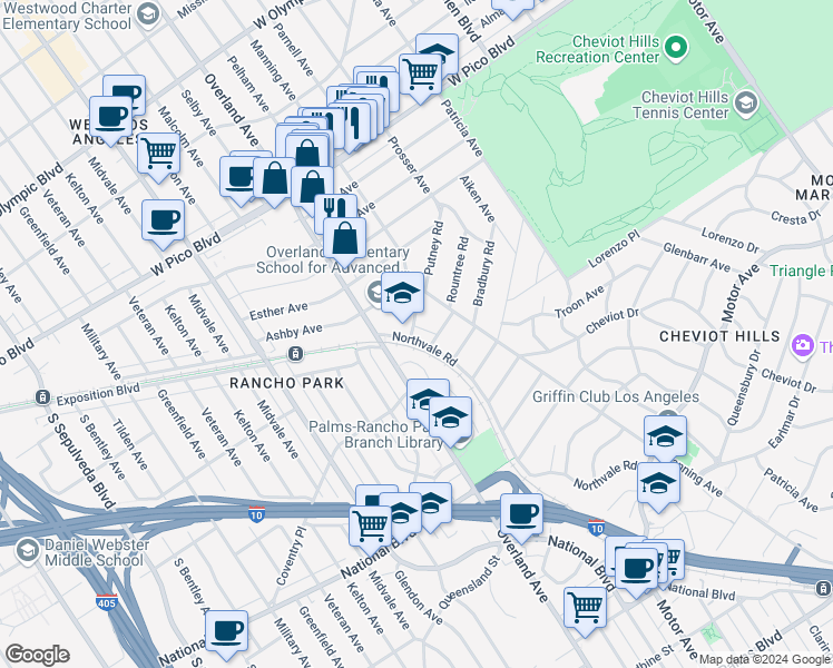 map of restaurants, bars, coffee shops, grocery stores, and more near 10650 Putney Road in Los Angeles
