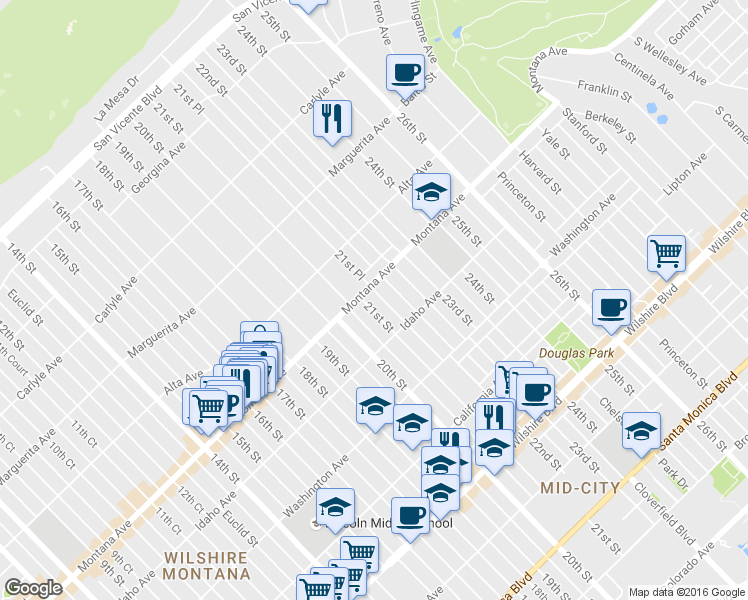 map of restaurants, bars, coffee shops, grocery stores, and more near 811 21st Street in Santa Monica