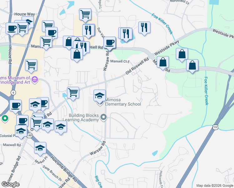 map of restaurants, bars, coffee shops, grocery stores, and more near 61 Creekline Drive in Roswell